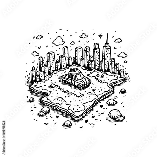 Hand drawn campervan in the middle of the desert near the city skyline illustration with black and white tones