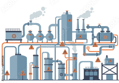 A stylized factory illustration with various towers pipes tanks valves smoke and hazard signs