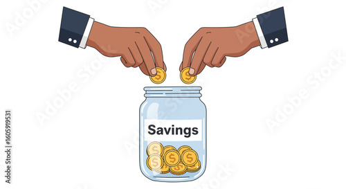 Illustration of hands putting golden coins into a glass savings jar, representing financial planning, investment, and wealth accumulation for the future.