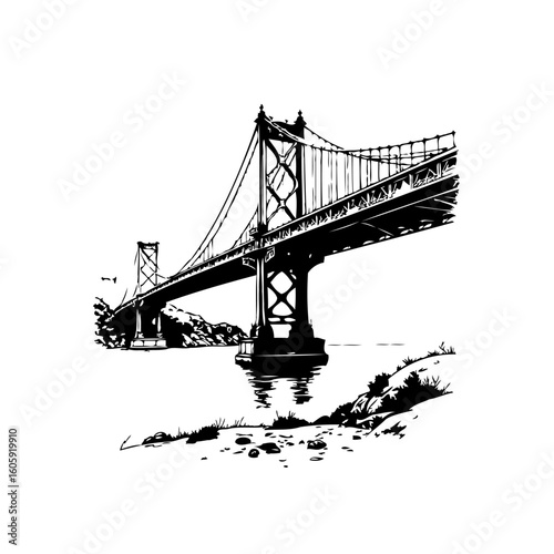 Detailed black and white bridge illustration showcasing architectural design and engineering with natural environment for graphic element