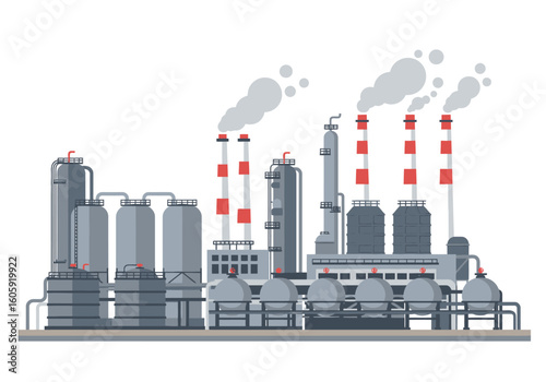A vector graphic shows an industrial factory with towers emitting smoke