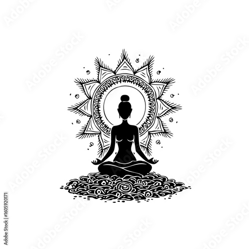 Silhouette of a meditating woman in lotus position surrounded by mandala design spirituality and mindfulness