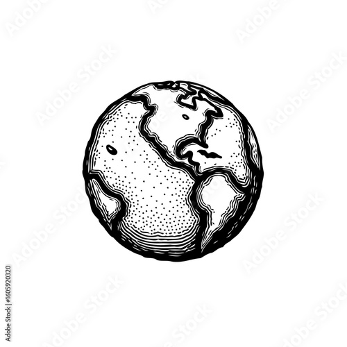 Illustrated globe with prominent continents and detailed texture showcases global interconnectedness and environmental themes in a minimalist design