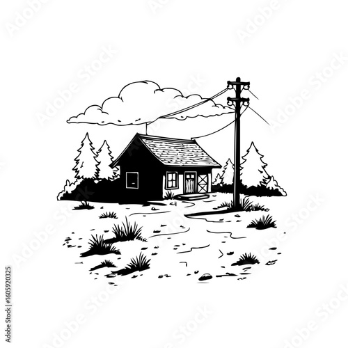 Illustrative black and white scene of a cozy cabin home surrounded by trees and nature