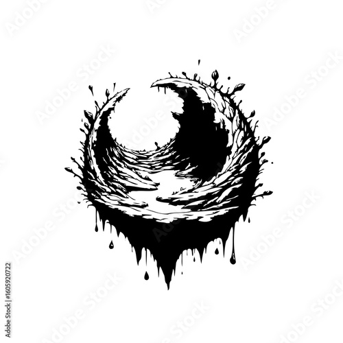 Mystical crescent moon illustration with dark dripping ink effect bringing unique artistic vibe with abstract nature
