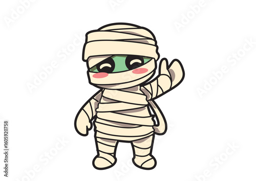 Adorable Halloween mummy character wrapped in bandages waving with a cheerful expression on a white background