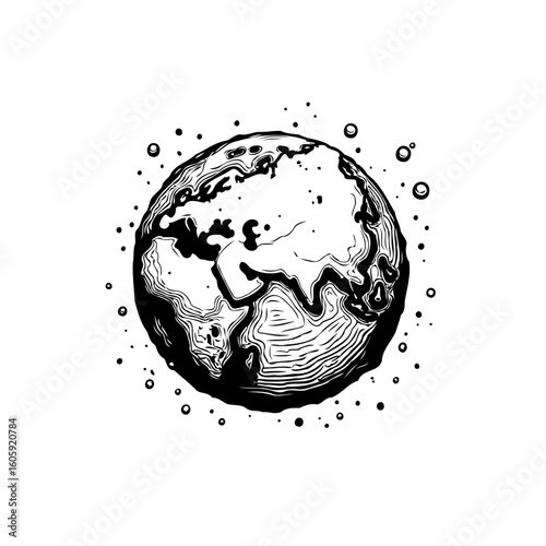 A captivating black and white earth illustration showcasing continents and oceans, surrounded by scattered stars, perfect for educational materials