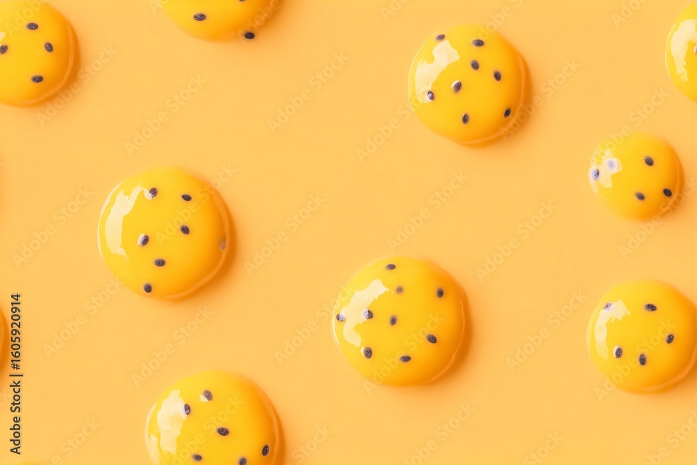 Fototapeta premium Yellow drops of passion fruit puree with seeds creating a modern food seamless pattern. Abstract sweet fruit background for dessert.