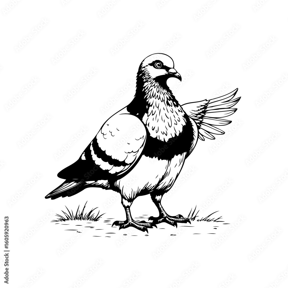 Fototapeta premium Detailed monochrome drawing of a pigeon with outstretched wing showcasing its plumage and markings
