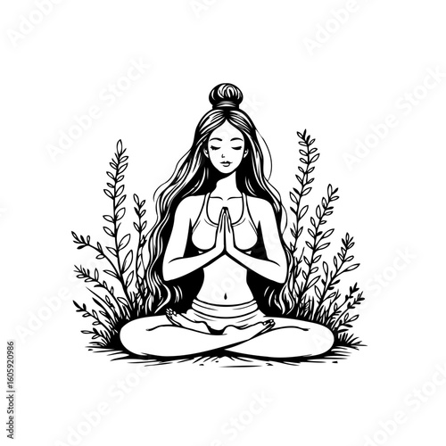 Illustration of a serene woman meditating in lotus position surrounded by plants demonstrating yoga practice for relaxation