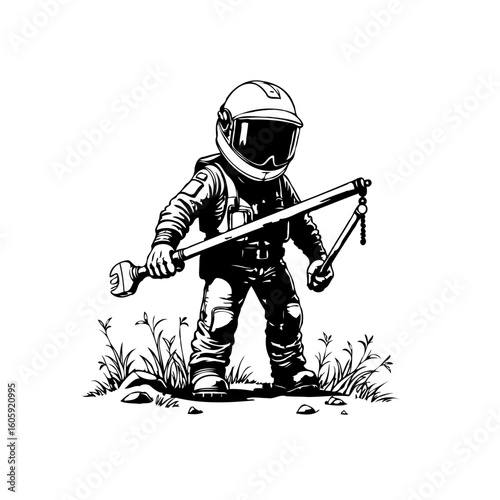 Astronaut character illustration wielding wrench and tools standing amidst grass a whimsical space mechanic