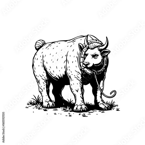 A captivating monochrome depiction of a powerful bull with striking harness and commanding presence that showcases strength and wildness