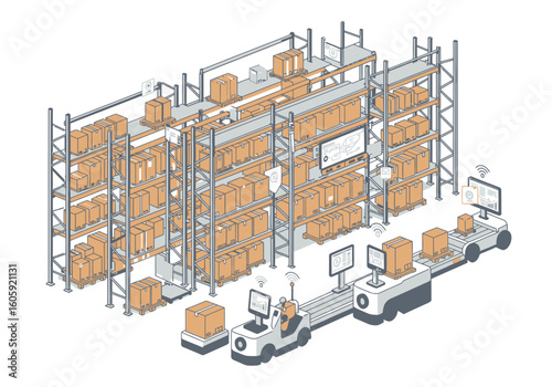 Automated warehouse robots  shelves filled boxes monitor screens and industrial automation