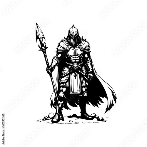 Illustration of a formidable medieval knight warrior in black and white holding spear with confidence and strength