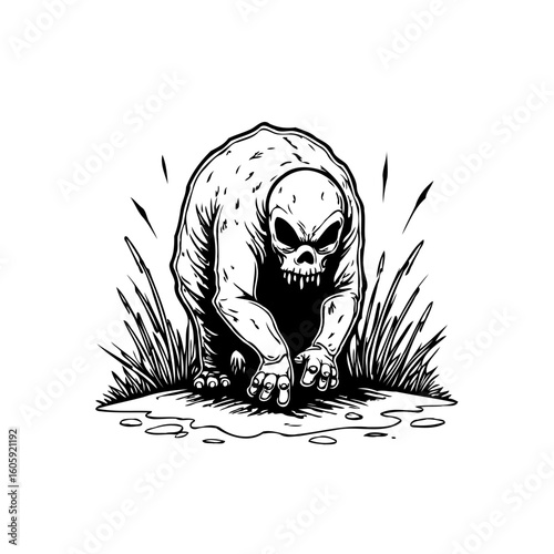 Terrifying creature emerges from wilderness with skull face and menacing gaze in a black and white illustration