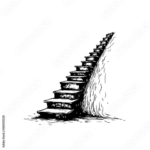 Hand drawn staircase against a wall conveying upward movement progress or a challenging ascent drawing