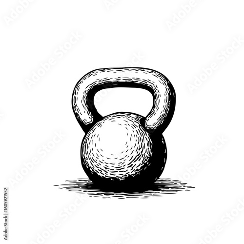Detailed kettlebell illustration showcasing fitness equipment for strength training and athletic conditioning with classic drawing style