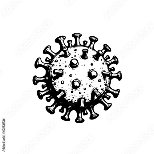 Detailed black and white illustration showing the intricate structure of a coronavirus cell with spikes