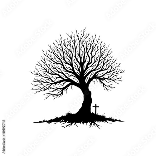 Silhouette tree with cross, a symbol of faith, spirituality, and remembrance in somber minimalism, evoking reflection