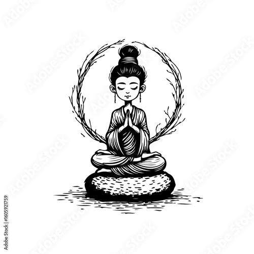 Tranquil meditation: A stylized illustration of a person in lotus position surrounded by branches vector drawing
