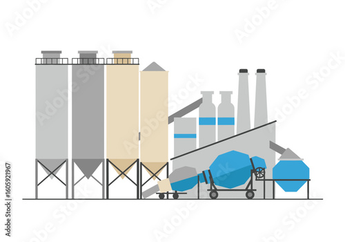 Cement factory silos mixers and smokestacks against a white backdrop