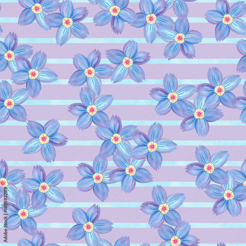 Fototapeta premium Seamless blue flower pattern on striped background. Forget-me-not endless backdrop. Hand drawn floral watercolor repeating illustration for textile, wrapping, wallpaper, fabric, paper, cover, decor