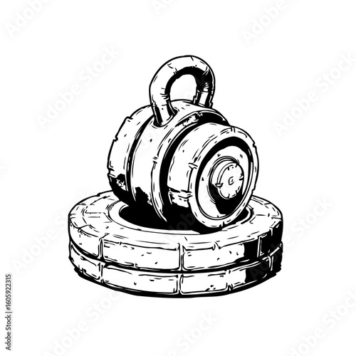 Hand drawn illustration of kettlebell weightlifting fitness equipment and training tools for athletic individuals pursuing wellness