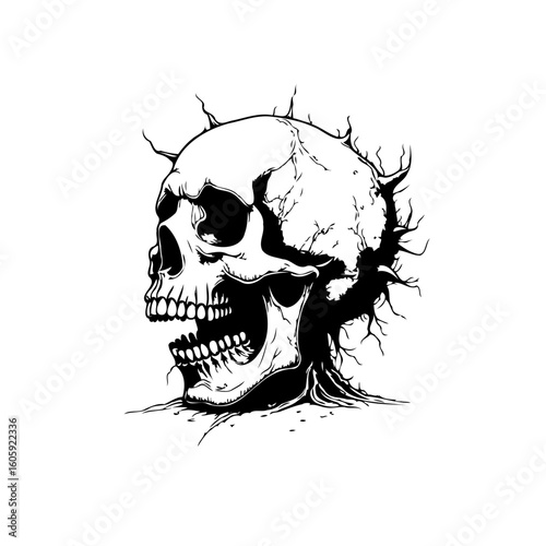 Dramatic skull with thorn crown, dark line art, creating a stark and unsettling image, perfect for macabre themes