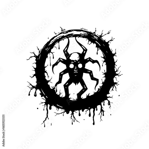 Abstract demonic entity surrounded by a dark ring created with splatter textures and dripping ink design