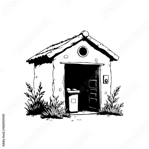 Hand drawn rustic shed illustration depicting rural outbuilding, capturing simple architecture and natural surroundings in monochrome