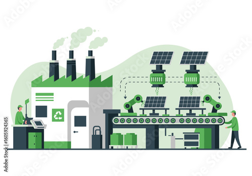 Factory produces solar panels via automated line workers present