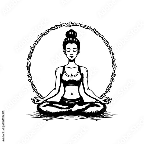 Meditating woman in lotus position encircled by branches artistic yoga illustration concept spiritual awareness self-care peacefulness relaxation wellbeing