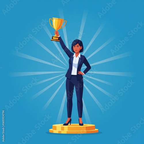 a young woman in a business suit with a winner's cup in his hand, standing on a golden pedestal in the rays of glory.