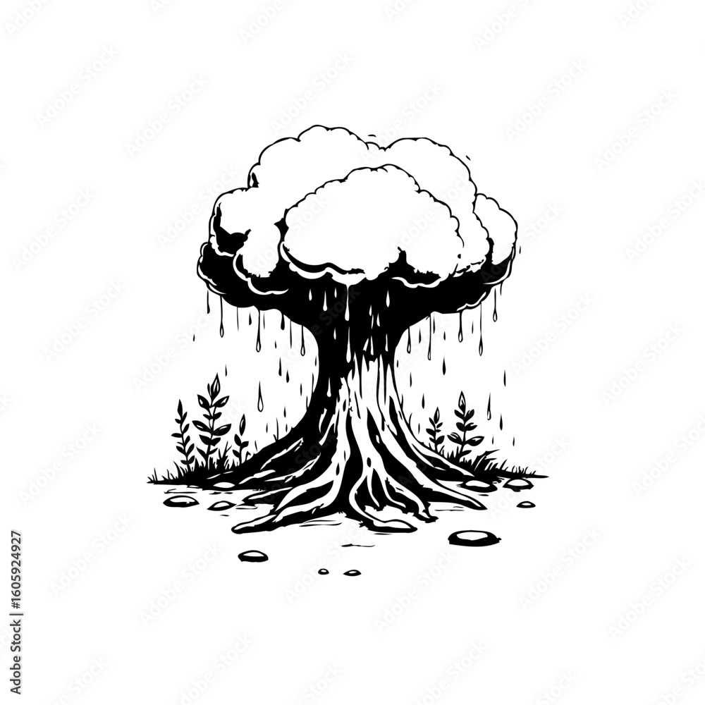 Fototapeta premium Monochrome Illustration of a Tree with Rain or Tears Symbolizing Sadness or Environmental Concerns