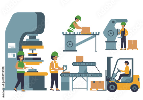 Factory scene with workers operating machinery packing and loading boxes