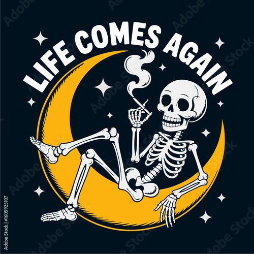 A skeletal figure relaxes on a crescent moon, smoking, with text 
