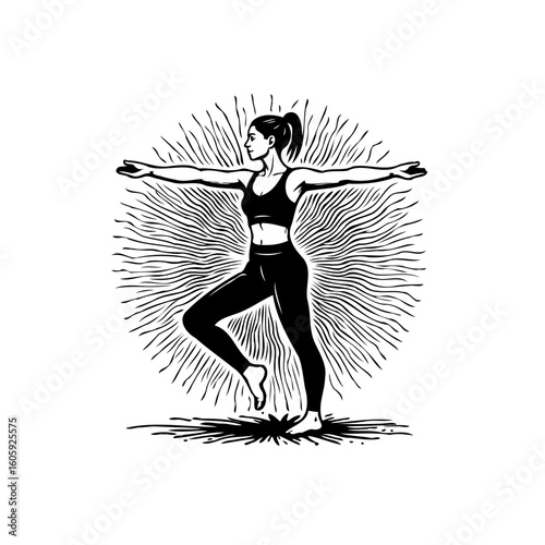 Empowering illustration of a woman practicing yoga pose, celebrating health, fitness, and mind-body connection through mindful movement
