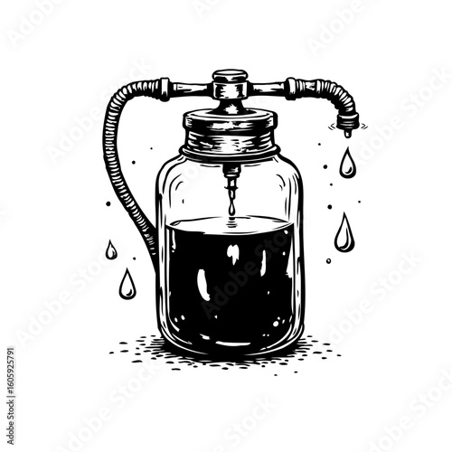 Intricate illustration featuring liquid dripping from a mechanical apparatus into a jar container filled substance