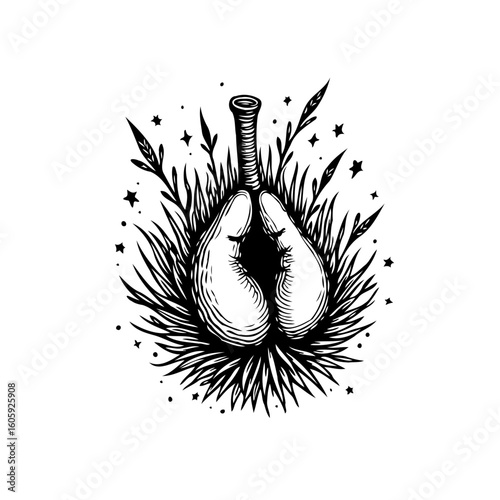 Intricate monochrome lung illustration with a touch of nature and a whimsical ethereal aesthetic a captivating artwork