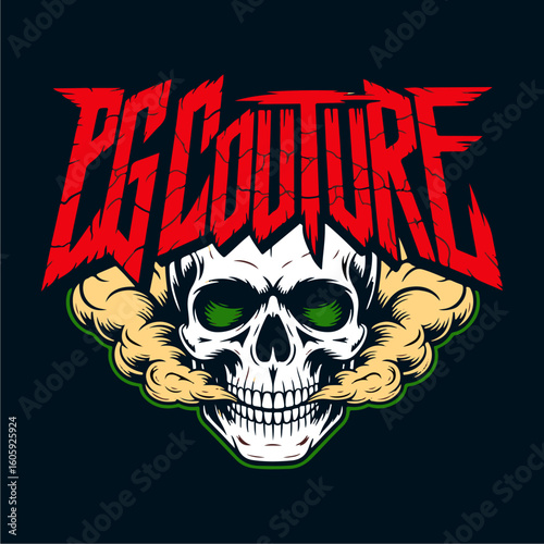 A stylized skull with green eyes exhales vapor, centered beneath a bold, cracked logo.