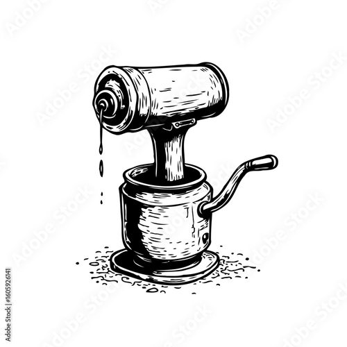 Steampunk inspired black and white vintage illustration featuring an unusual coffee machine for making expresso