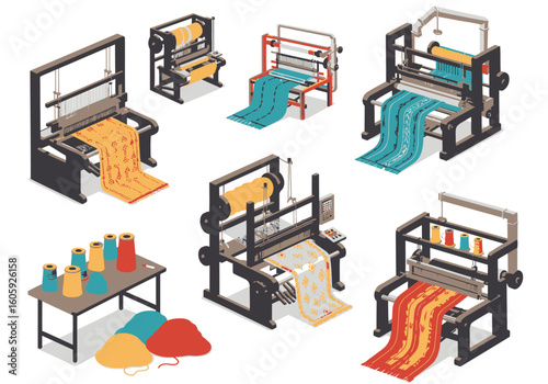 Illustrated weaving machines with textiles yarn spools on a table on white