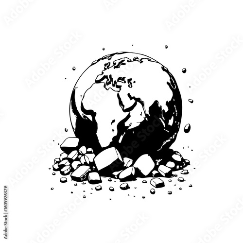 Earth sphere crushed beneath rubble depicting global crisis with environmental disaster and destruction worldwide