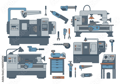 Illustration of machine tools lathes drills wrenches saws and grinders
