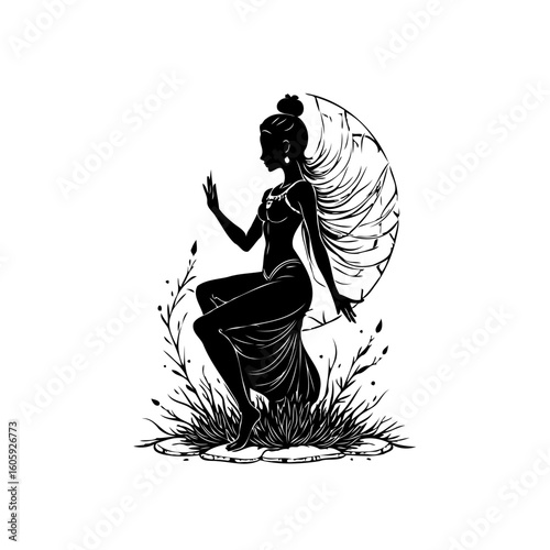 Elegant silhouette of a woman in nature evokes tranquility and grace with timeless beauty and spiritual essence