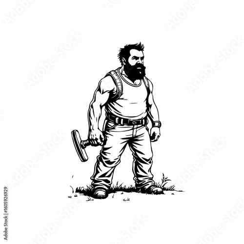Strong bearded man illustration fitness and strength character in tank top holding dumbbell for bodybuilding or sport
