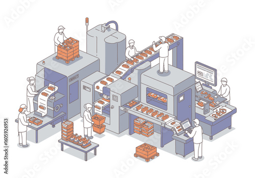 Illustration shows a bakery conveyor belt with workers  machinery processing bread