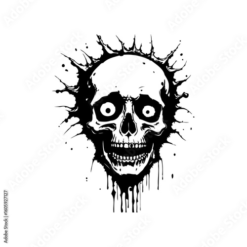 Disturbing monochromatic skull design with dripping ink, perfect for halloween themed elements and a visual impact