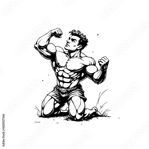 A powerful bodybuilder kneeling displaying muscular physique fitness illustration showcases strength and dedication black and white