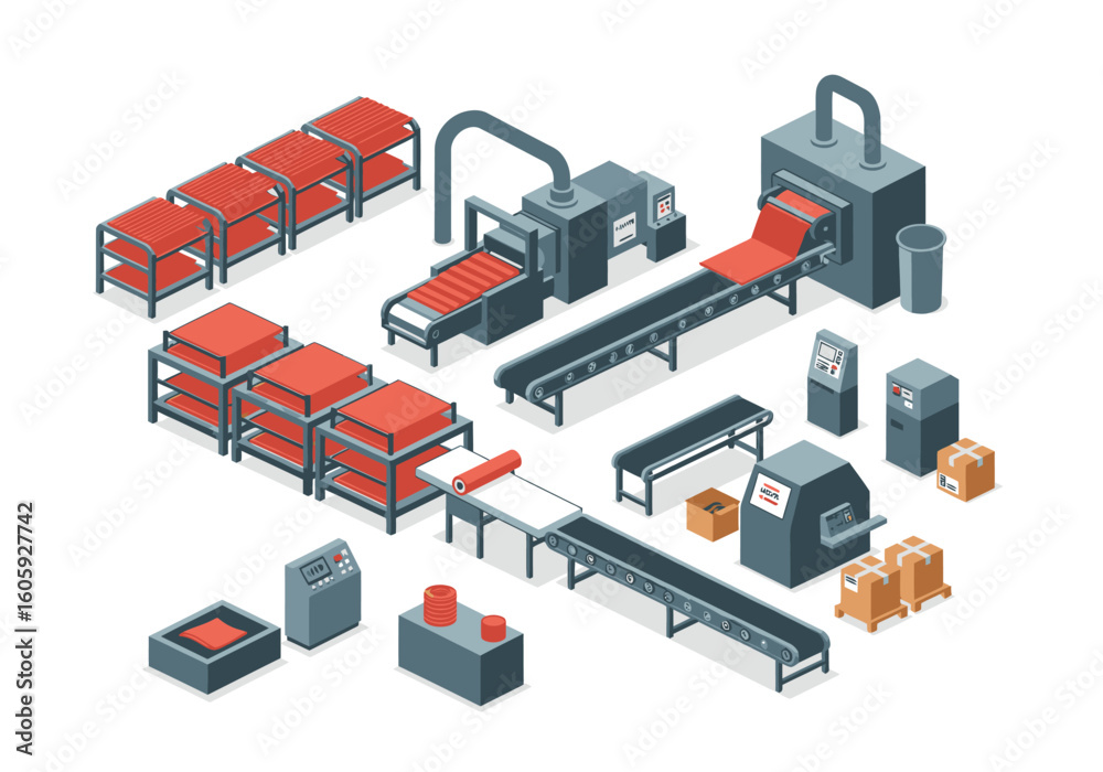 Obraz premium Isometric factory conveyors machines and workstations